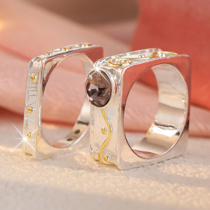 2pc Two-Tone Color Blocking Wide Ring Set for Women, Minimalist Style